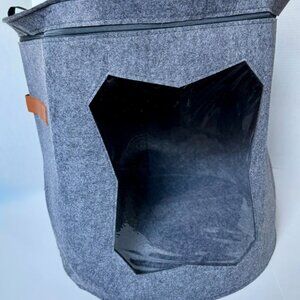 Grey Felt Large Round Hat Box with Handles and Adjustable Strap
